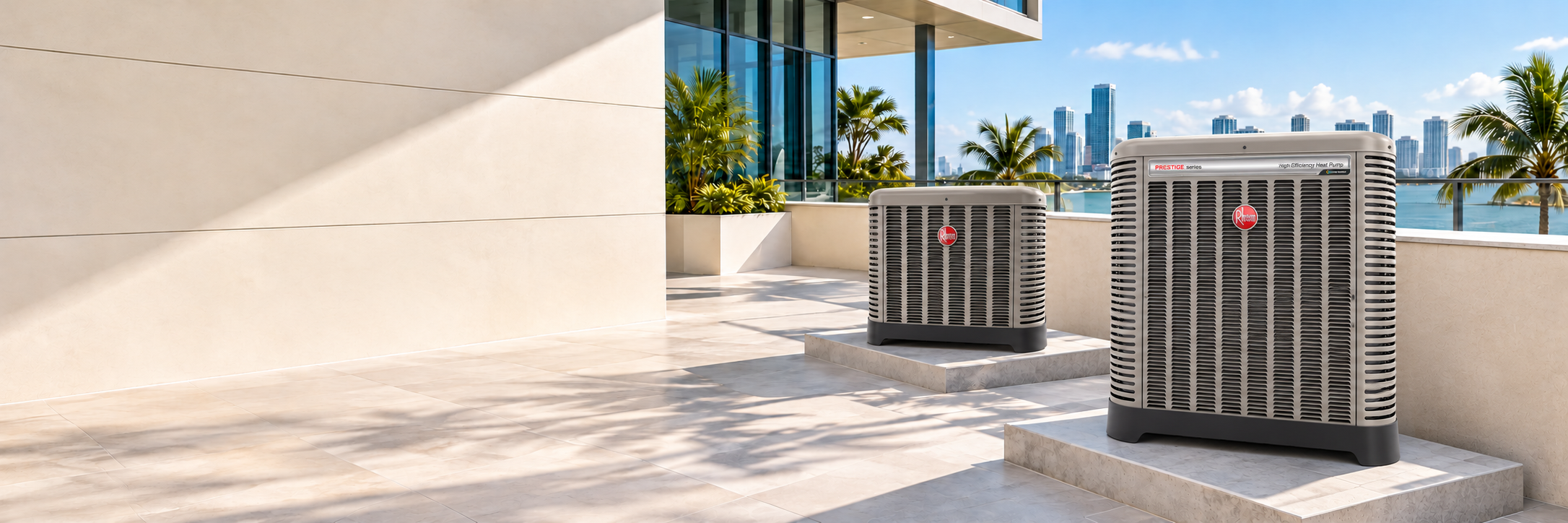 Composición ilustrativa de una terraza de Miami con equipos exteriores de bomba de calor de apariencia Rheem.
