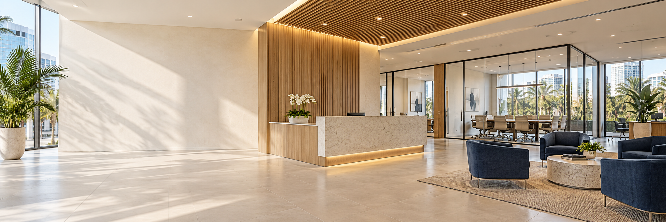 Imagen ilustrativa de una recepción comercial moderna con oficinas de cristal, acabados de madera y vistas de Florida.