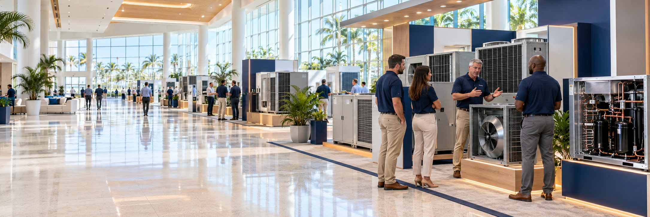 Imagen ilustrativa de una exposición HVACR con equipos modernos y profesionales en un centro de convenciones de Florida.