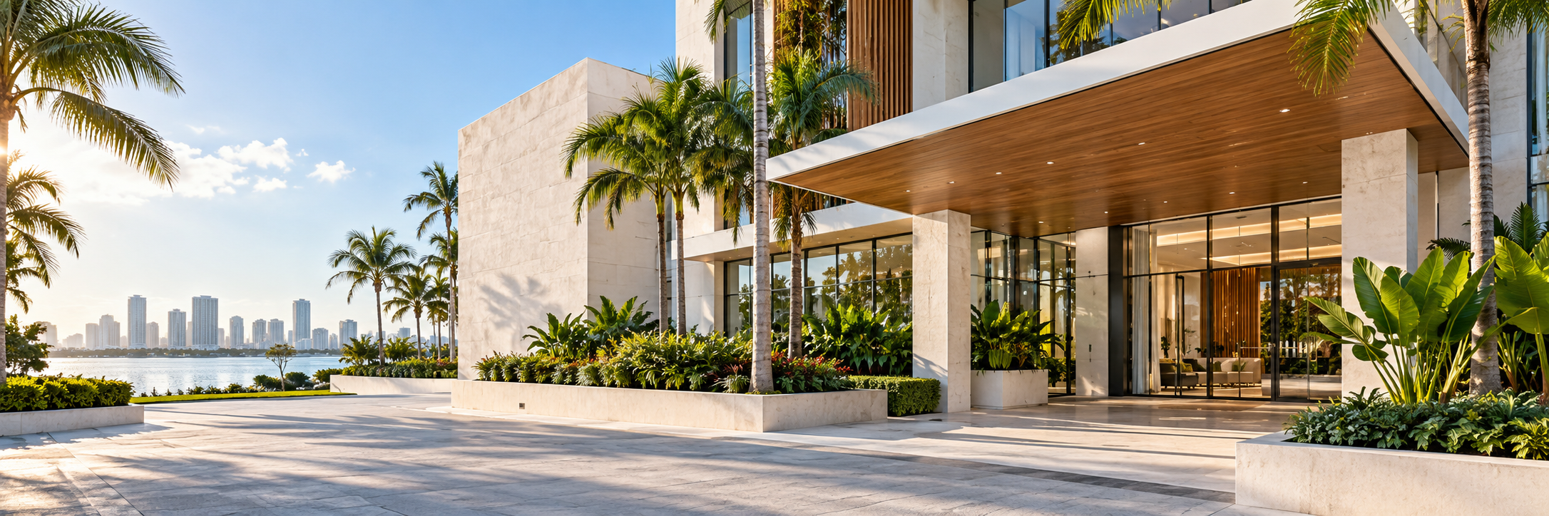 Illustrative modern Miami property with tropical landscaping and a waterfront skyline.