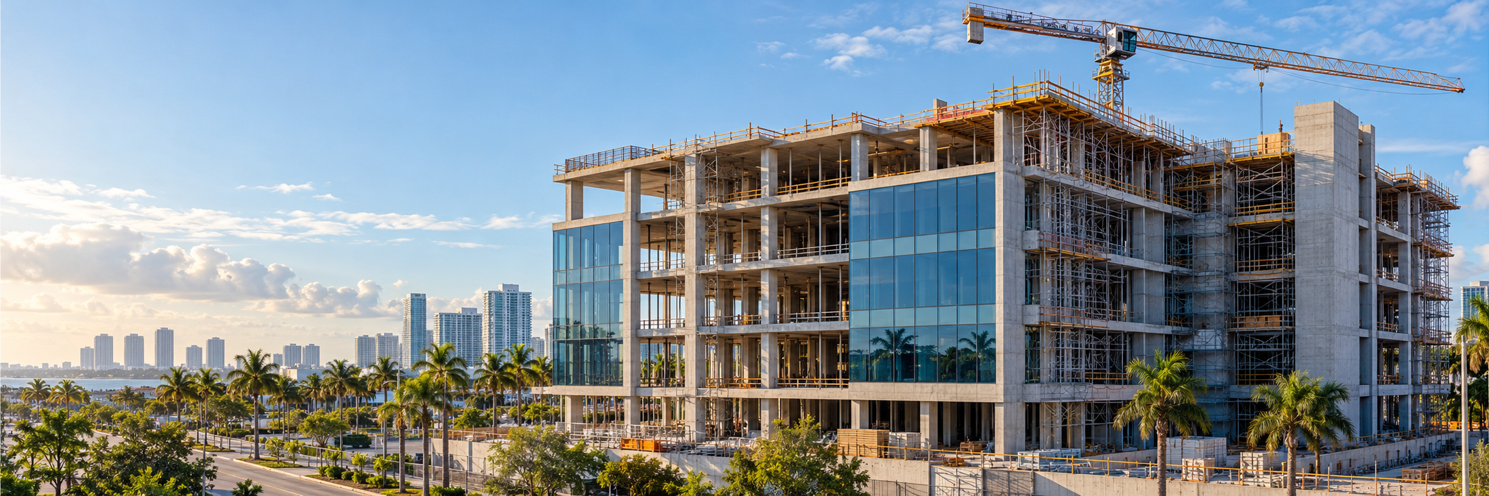 Conceptual Miami waterfront skyline with modern buildings, a hotel and construction cranes.