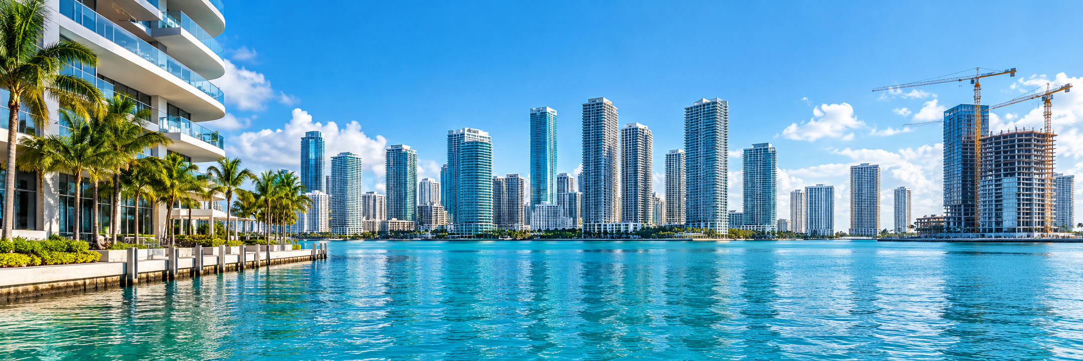 Conceptual Miami waterfront skyline with modern buildings, a hotel and construction cranes.