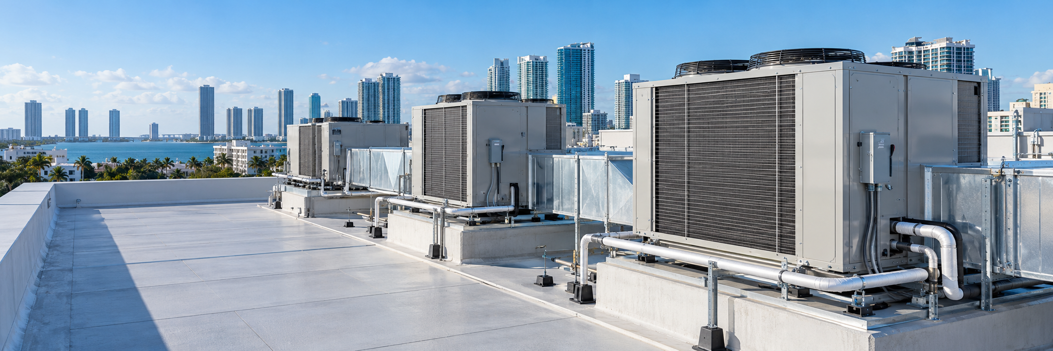 Illustrative rooftop HVAC installation with commercial air conditioning equipment in South Florida.