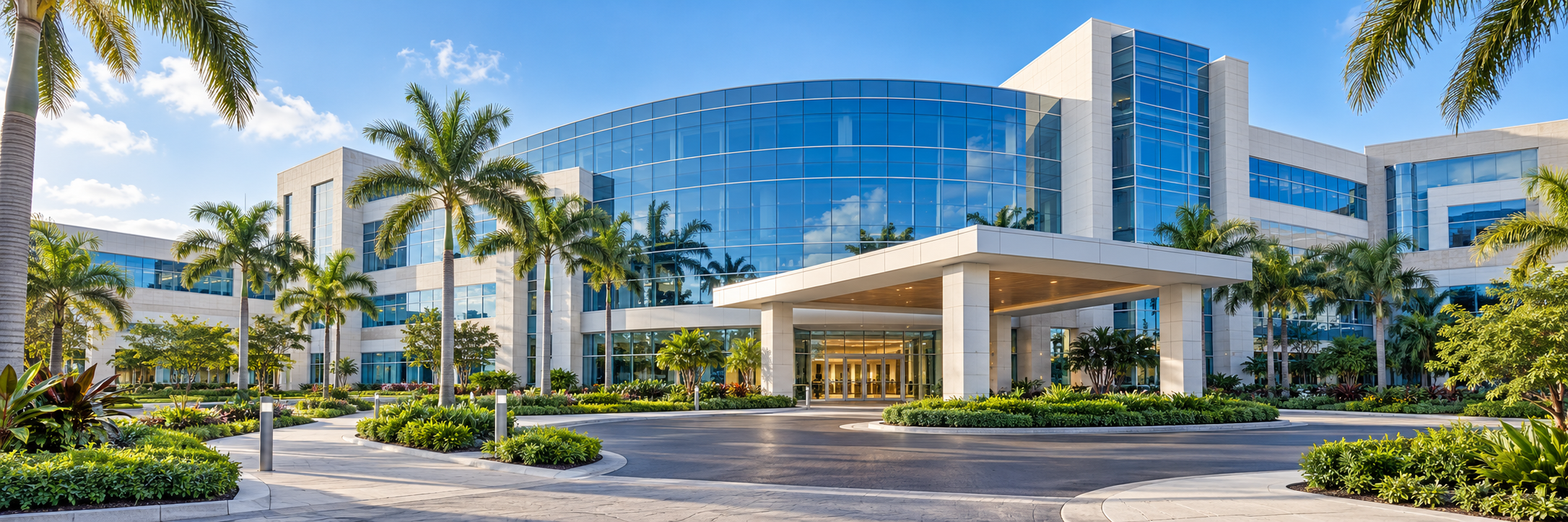 Architectural illustration of a modern medical center with a glass facade, covered entrance and tropical landscaping.