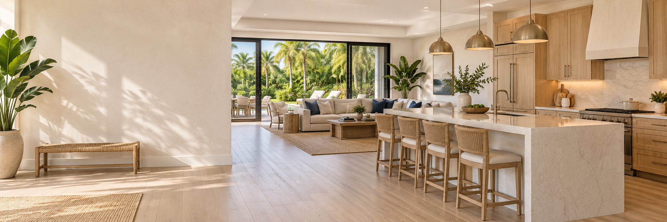Illustrative remodeled Florida home with a bright open-plan kitchen, living room and tropical garden views.