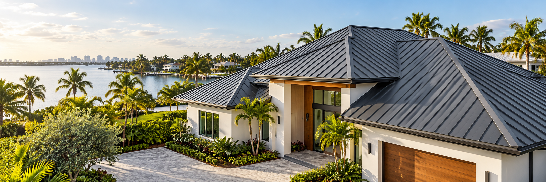 Illustrative South Florida waterfront home with a modern standing-seam metal roof and tropical landscaping.