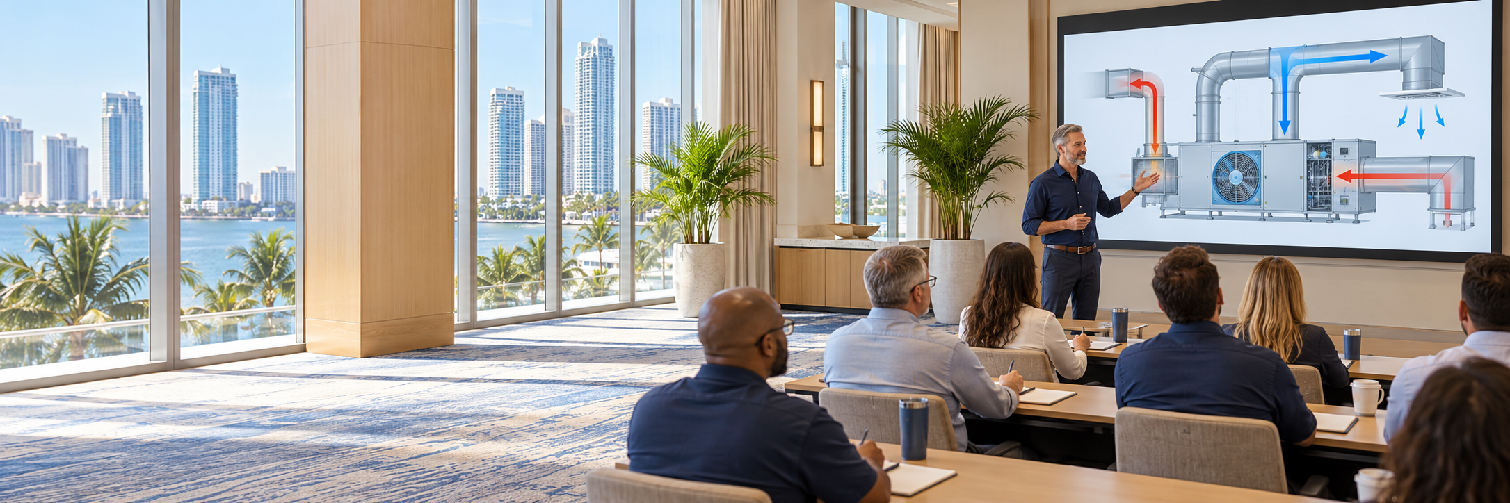 Imagen ilustrativa de una capacitación HVAC en un salón de conferencias de hotel con vista a la costa de Miami.