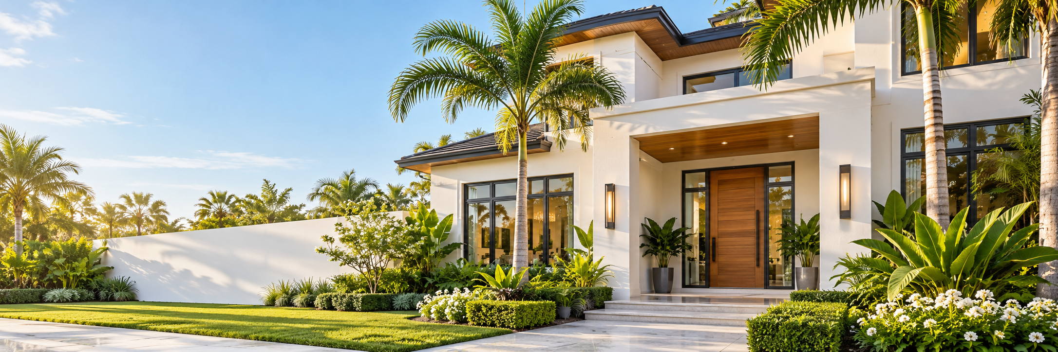 Illustrative modern South Florida home with a welcoming entrance and tropical gardens.
