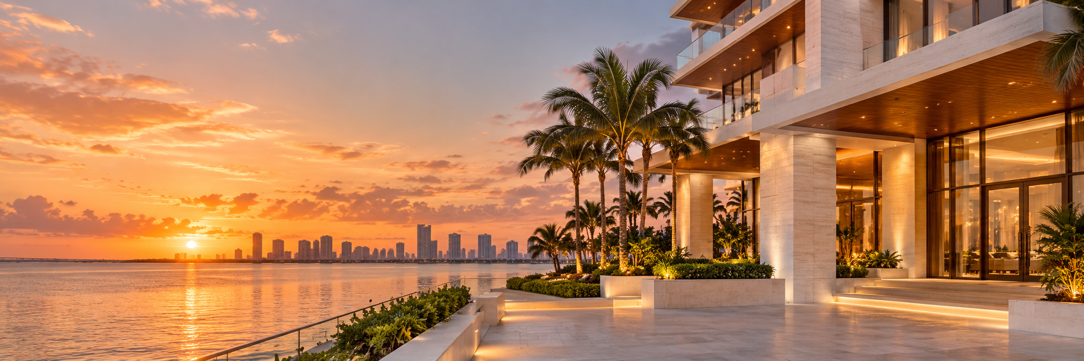 Imagen ilustrativa de una propiedad moderna frente al agua en Miami al atardecer, con iluminación cálida y palmeras tropicales.